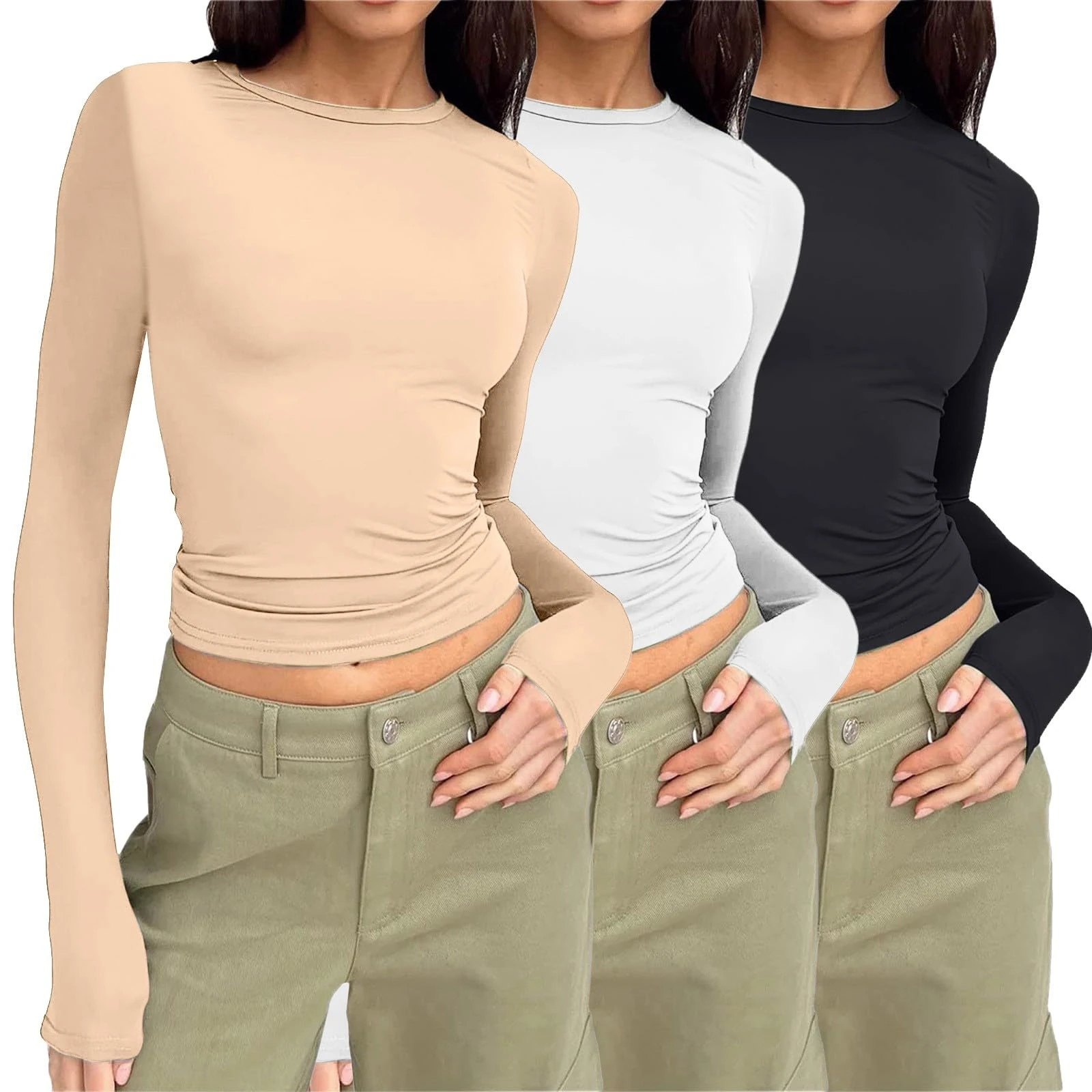 UK Womens 3 Pack Long Sleeve Tops Crew Neck Thermal Shirts Set Stretch Fitted Underscrubs Layer Tee Basics Y2K TopsXS-XL Beige
