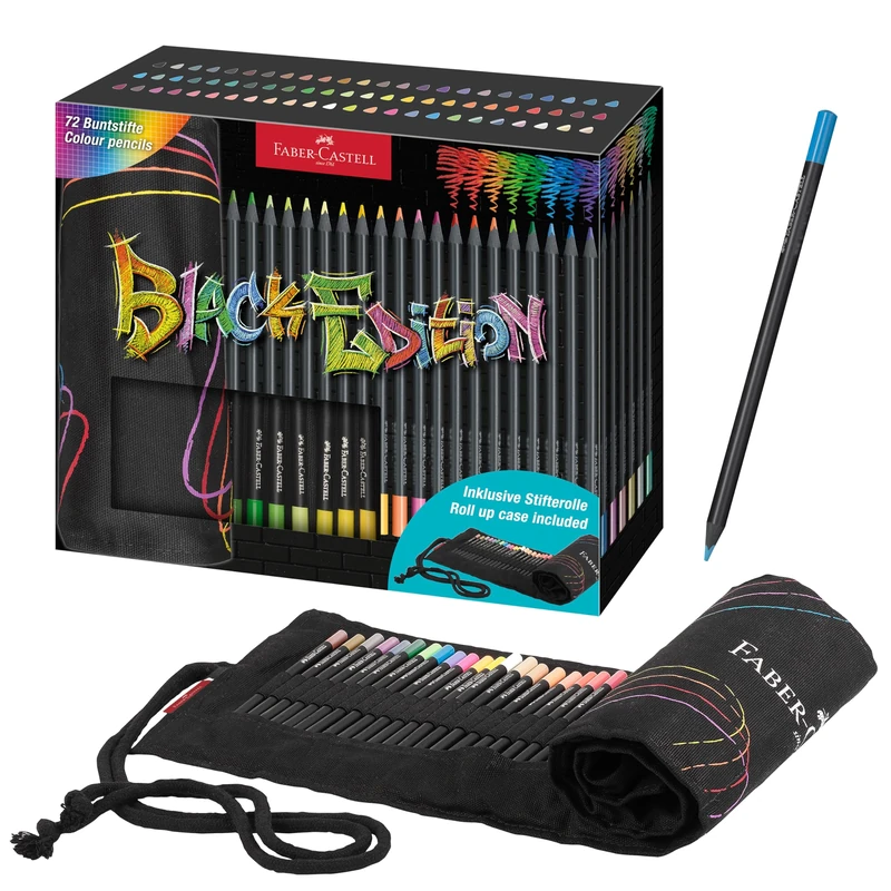 FABER-CASTELL 116418 Colouring Pencils Set with Pen Roll, 72 Black Edition Colouring Pencils, Includes Metallic and Neon Colours