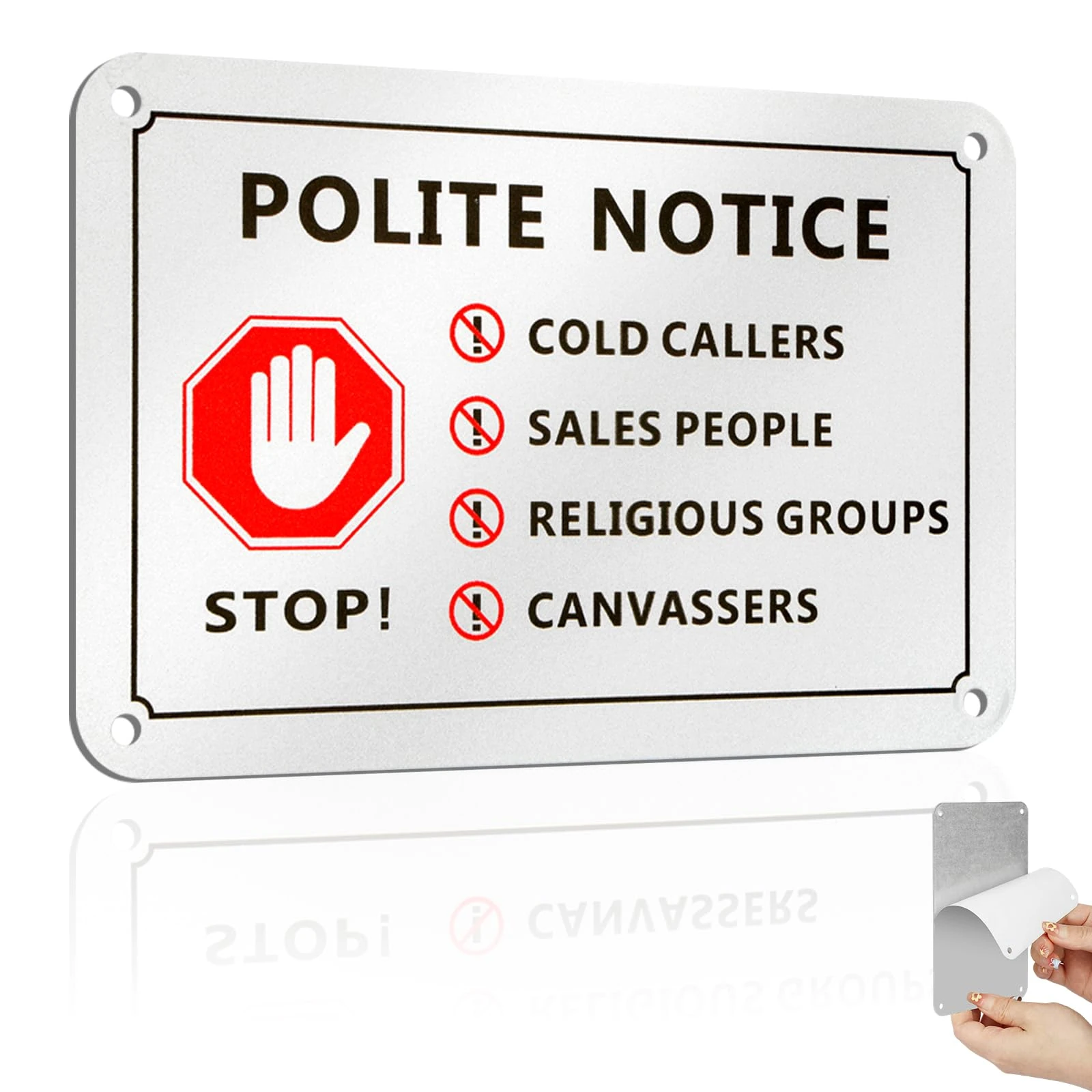 No Cold Caller Sign for Front Door, Self Adhesive No Cold Callers Sticker, 15x10cm Aluminium No Canvassers, No Sales People Sign for Front Door with 4 Pre-drilled Holes