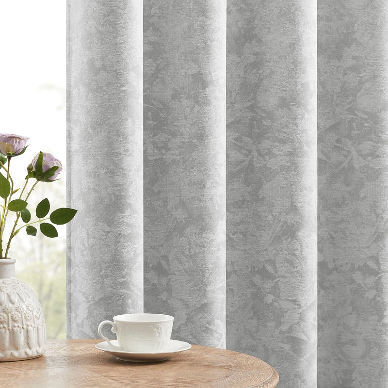 Beauoop Grey Floral Jacquard Blackout Curtains 96 Inches Long 2 Panels for Bedroom Living Room Gray Flower Chenille Room Darkening Thermal Insulated Soundproof Grommet Window Treatments Drapes, 52x96