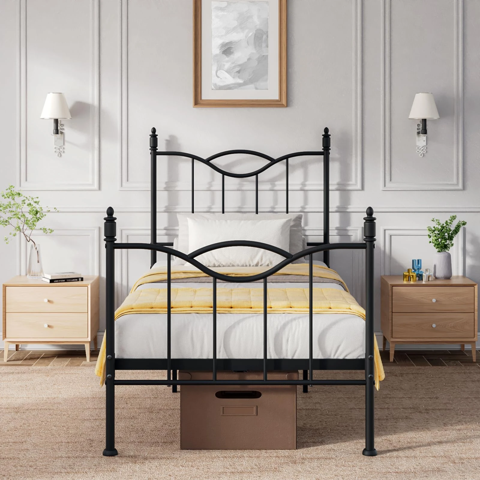 Florise Twin Size Bed Frame with Headboard,Metal Platform Bed Frame Mattress Foundation with Footboard, Under Bed Storage, Strong Metal Slats Support, No Box Spring Needed, Black