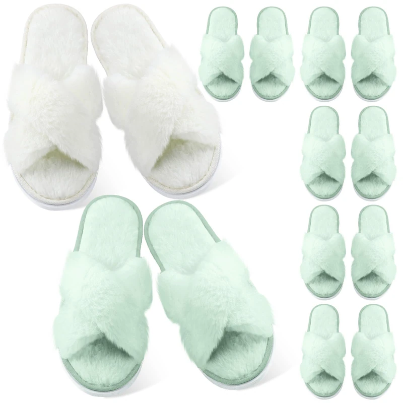 Cutecrop 7 Pairs Sage Green Blue Bridesmaid Slippers Purple Women's Cross Band Fuzzy Bridal Party Slippers Bachelorette Gifts for Wedding Bridal Shower Party, Sage Green, One Size - Image 1