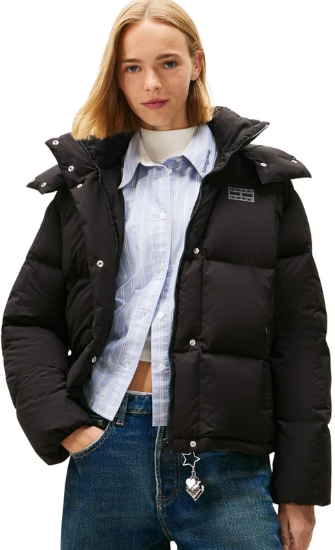 Tommy Jeans Women's Alaska Grid Down Puffer Jacket with Hood, Black (Black), S