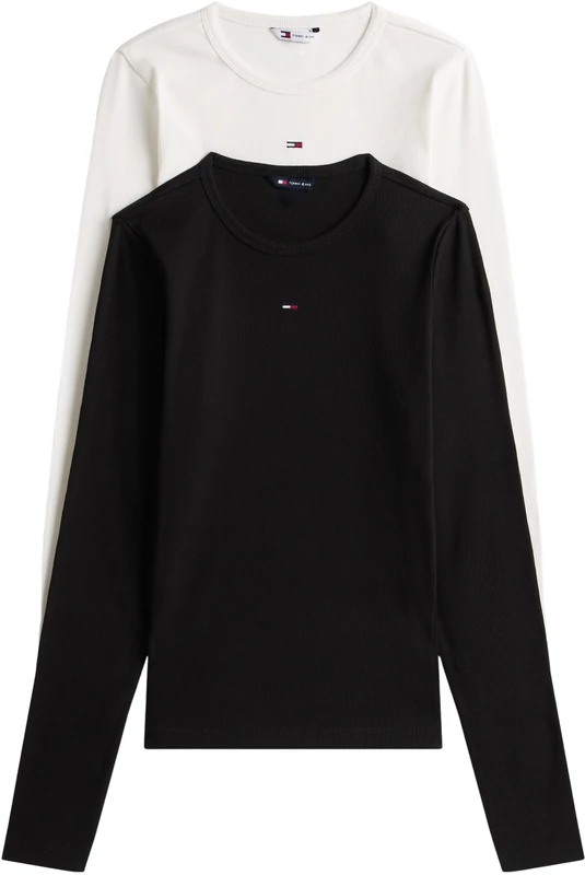 Tommy Jeans Women's 2 Pack Slim Essential Rib Round Neck Long Sleeve Tops, Multicolor (Black/Ecru), M