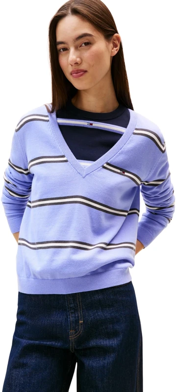 Tommy Jeans Women's Tjw Essential Vneck Sweater Ext Dw0Dw17251 Pullover, Purple (Vintage Iris/Stripe), XXL