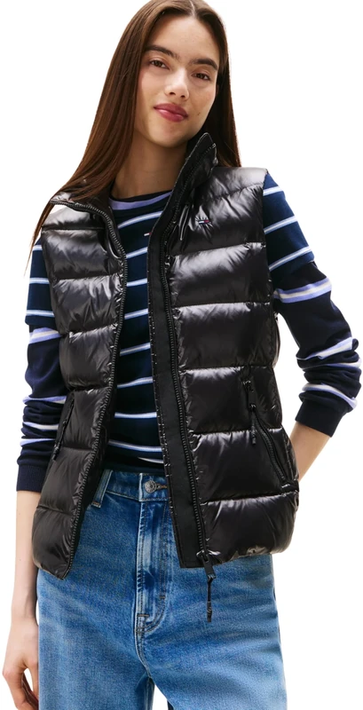 Tommy Jeans Women’s Slim Zip Print Down Gilet with Stand Collar, Black (Black), S