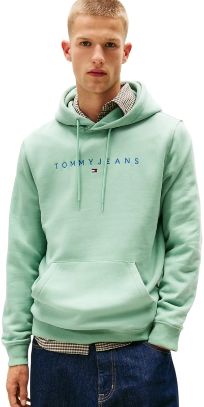 Tommy Jeans Men’s Linear Logo Hoodie, Green (Cloudy Jade Multi), S