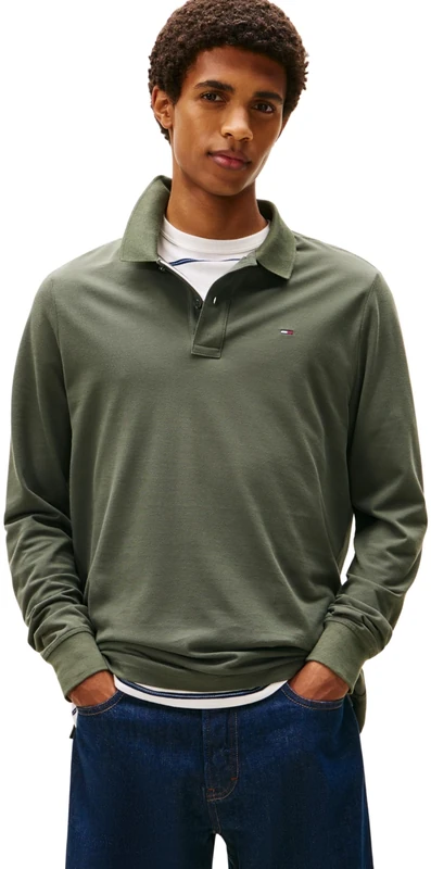 Tommy Jeans Mens TJM Slim Placket Ext Dm0dm20232 L/S Polo, Green (Pewter Green), XL UK