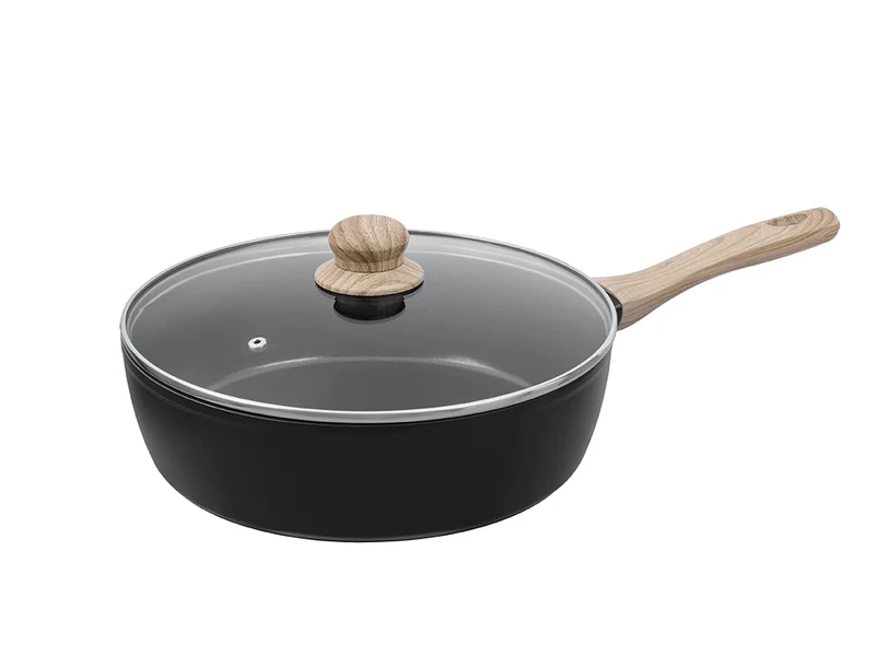 Pyrex - Cook&Care Recycled Aluminium Frying pan - Suitable for All Heat Sources - PFAS-Free Non-Stick Coating - Scratch Resistant - Dishwasher Safe - Wood Effect Handle (Ø28 cm (Deep pan))