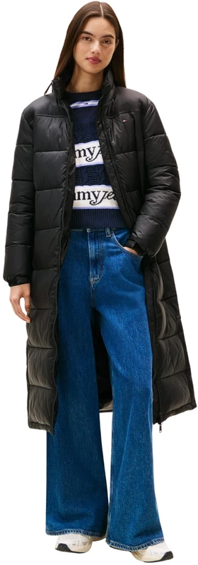 Tommy Jeans Women’s Packaway Maxi Quilted Jacket with Hood, Black (Black), XL