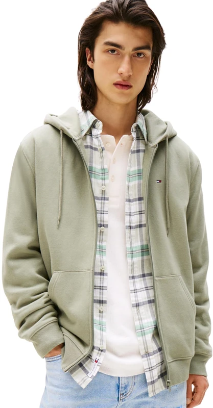 Tommy Jeans Men’s Flag Zip Through Hoodie, Green (Utility Sage), XS