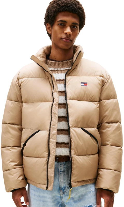 Tommy Jeans Men’s Vail Puffer Jacket with Stand Collar, Beige (Coastal Taupe), XS