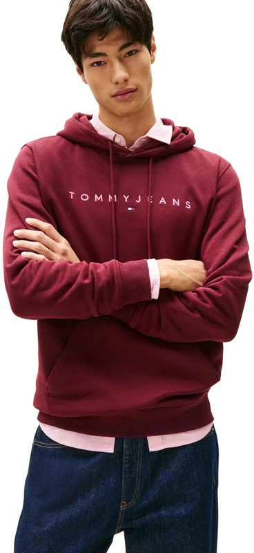 Tommy Jeans Men’s Linear Logo Hoodie, Red (Red Wine Multi), M