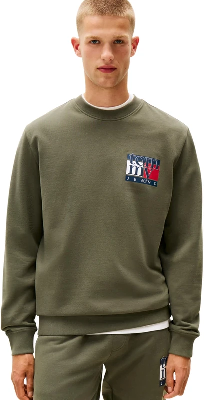Tommy Jeans Mens Tjm Reg Rwb Flag Crew Ext Dm0dm22093 Pullover Sweatshirt, Green (Pewter Green), XL UK