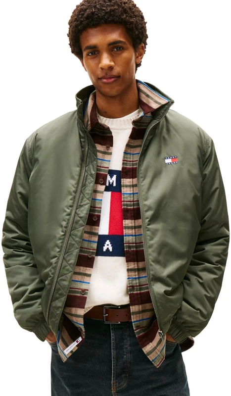 Tommy Jeans Men’s Essential Padded Transitional Jacket with Stand Collar, Green (Pewter Green), M