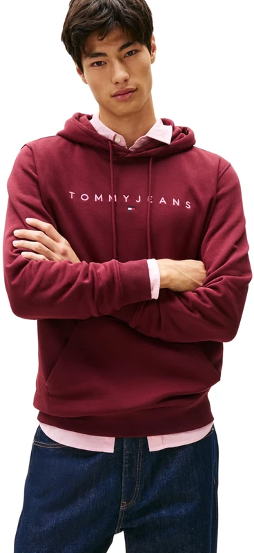 Tommy Jeans Men's TJM Reg Linear Logo Hoodie Ext Dm0Dm17985 Pullover, Red (Red Wine Multi), S