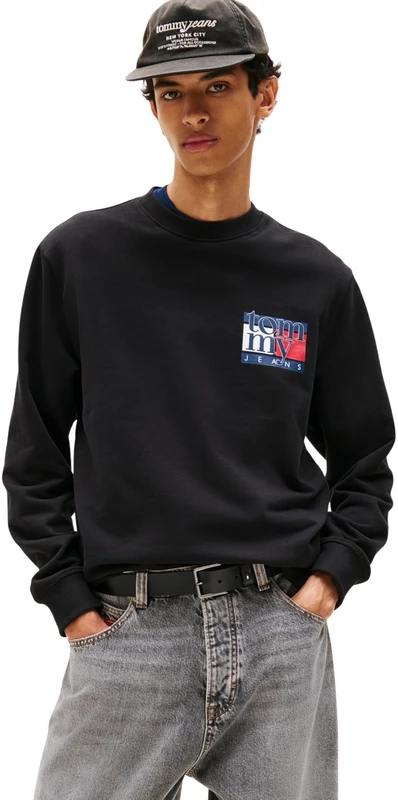 Tommy Jeans Men’s Flag Crew Round Neck Sweatshirt, Black (Black), L
