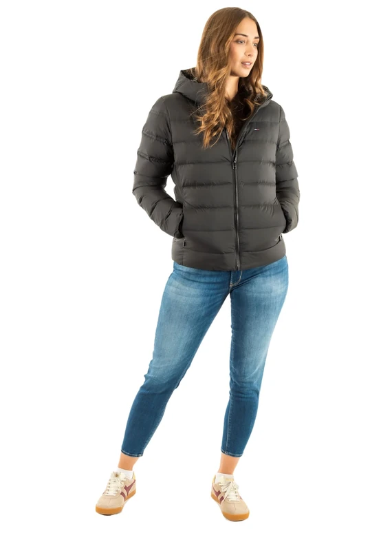 Tommy Jeans Women's Tjw Slim Hood PRNT Down Jckt Ext Dw0Dw21617 Puffer Jacket, Black (Black), XXS