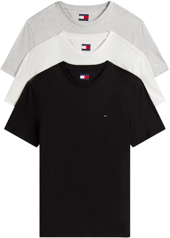 Tommy Jeans Men’s 3 Pack Short Sleeve Cotton T-Shirts, Multicolor (Black/Lt Grey HTR/Ecru), S