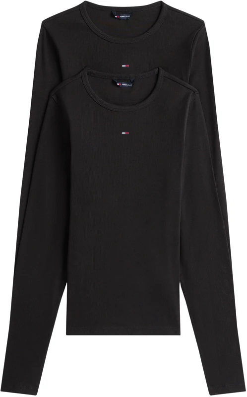 Tommy Jeans Women's 2 Pack Slim Essential Rib Round Neck Long Sleeve Tops, Black (Black/Black), XL