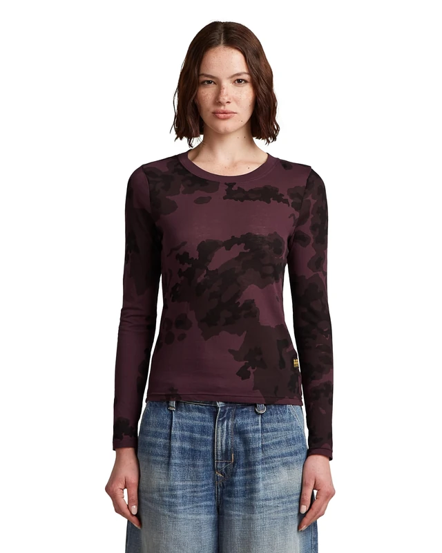 G-STAR 8719965012981 AOP Slim r t ls wmn, Multicoloured (Maroon Forest Camo D27103-e151-h748), XXS