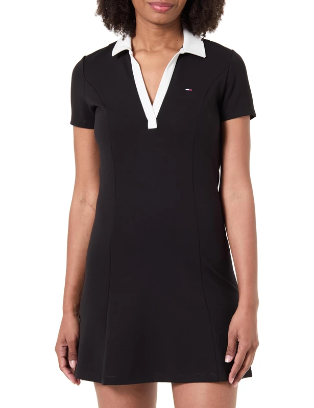 Tommy Jeans Women’s Contrast Fit & Flare Mini Polo Dress, Black (Black), L