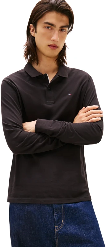 Tommy Jeans Men's Long Sleeve Slim Placket Cotton Polo Shirt, Black (Black), 3XL