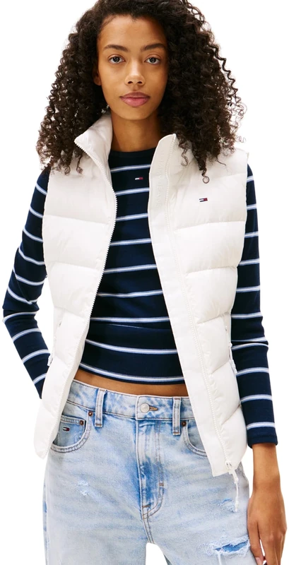 Tommy Jeans Women’s Slim Zip Print Down Gilet with Stand Collar, White (Ecru), L