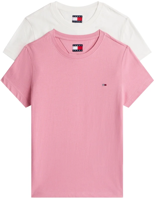 Tommy Jeans Women’s 2 Pack Short Sleeve Round Neck T-Shirts, Multicolor (Ecru/Mystic Pink), XS