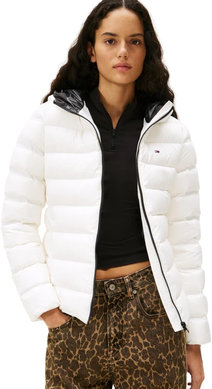 Tommy Jeans Women's Slim Puffer Jacket with Hood - Ecru, M