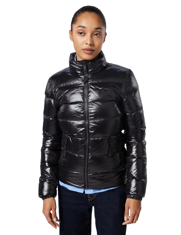 Tommy Jeans Women’s Slim Zip Print Down Water Repellent Puffer Jacket, Black (Black), XS