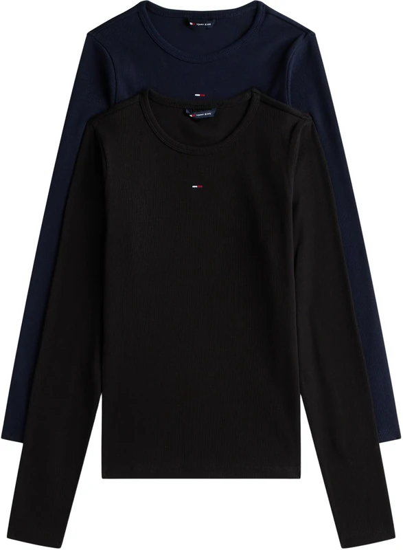 Tommy Jeans Women's 2 Pack Slim Essential Rib Round Neck Long Sleeve Tops, Multicolor (Black/Dark Night Navy), M