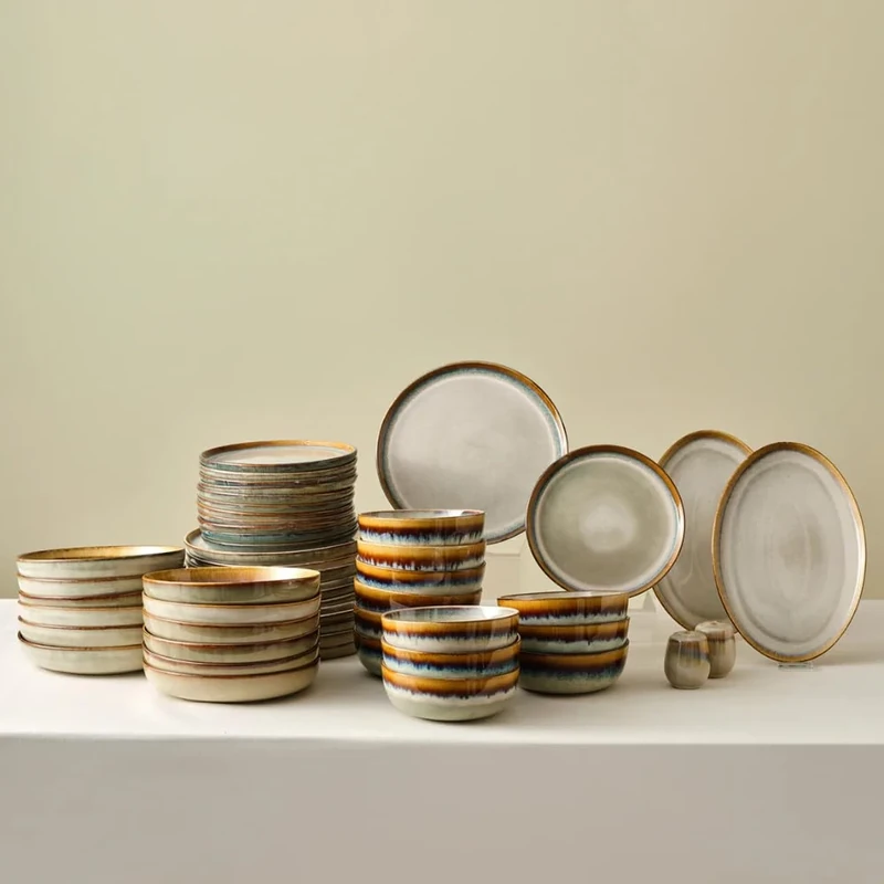 Karaca Earthy 52-Piece Stoneware Dinner Set for 12 People, Rustic Design with Reactive Glaze Finish Plates and Bowls Set, Microwave & Dishwasher Safe, Ideal Dinnerware for Everyday & Special Occasion