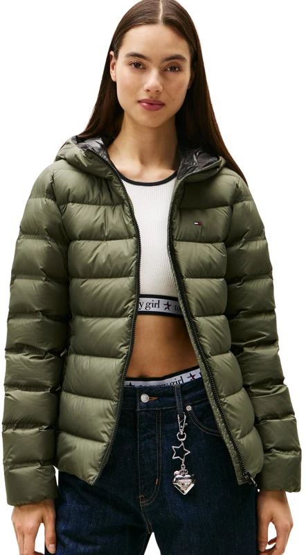 Tommy Jeans Women’s Slim Puffer Jacket with Hood, Green (Pewter Green), 1XL