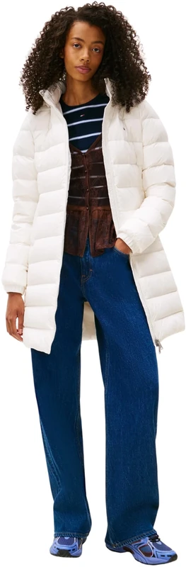 Tommy Jeans Women's Tjw Essential Hooded Down Coat Dw0Dw09060 Puffer, White (Ecru), XL