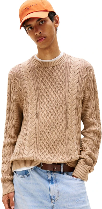 Tommy Jeans Mens TJM SLM Badge Cable Knit Dm0dm22101 Pullover Sweater, Brown (Coastal Taupe Tonal), L UK