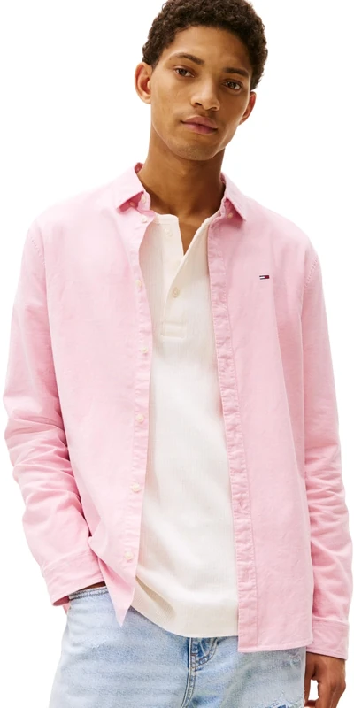 Tommy Jeans Men’s TJM Slim Long Sleeve Shirt, Pink (Mystic Pink), XL