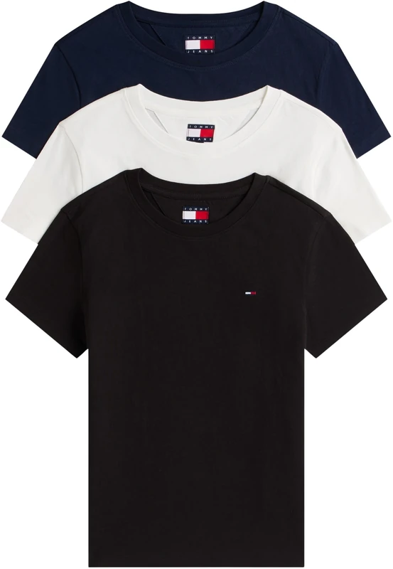 Tommy Jeans Women’s 3 Pack Short Sleeve Round Neck T-Shirts, Multicolor (Black/Ecru/Dark Night Navy), S