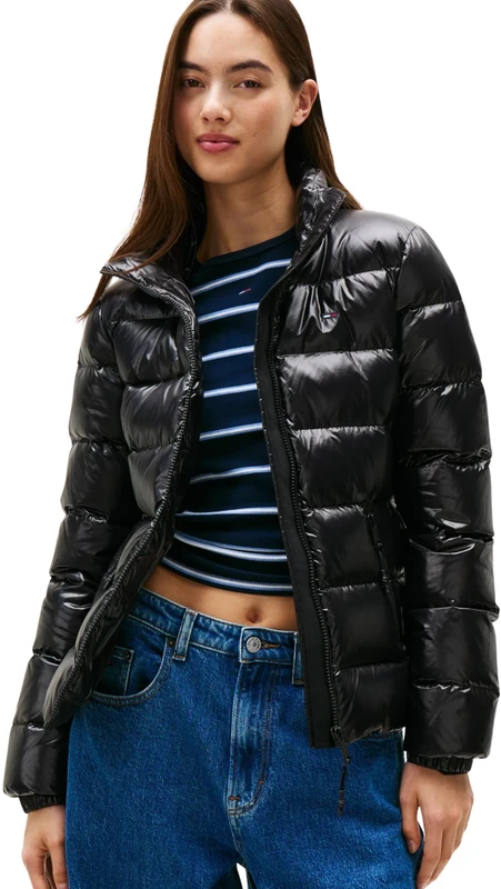 Tommy Jeans Women’s Slim Zip Print Down Water Repellent Puffer Jacket, Black (Black), XL