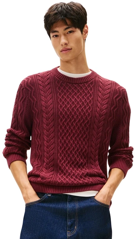 Tommy Jeans Men's TJM SLM Badge Cable Knit Sweater Dm0Dm22101 Pullover, Red (Red Wine Tonal), M