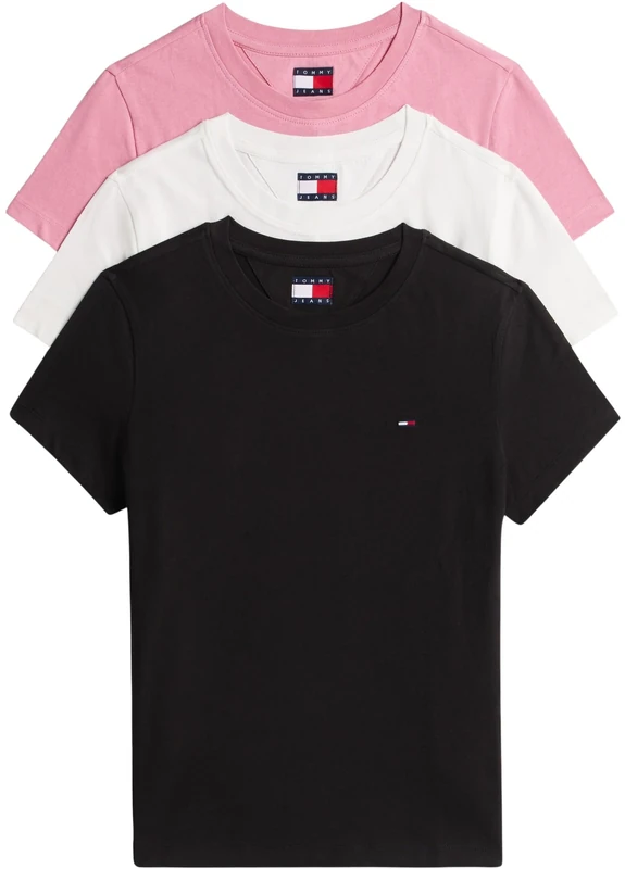 Tommy Jeans Women’s 3 Pack Short Sleeve Round Neck T-Shirts, Multicolor (Black/Ecru/Mystic Pink), M