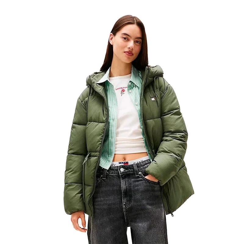 Tommy Jeans Women's Tjw Hooded Midi Puffer Jacket Dw0Dw21626, Green (Pewter Green), XL