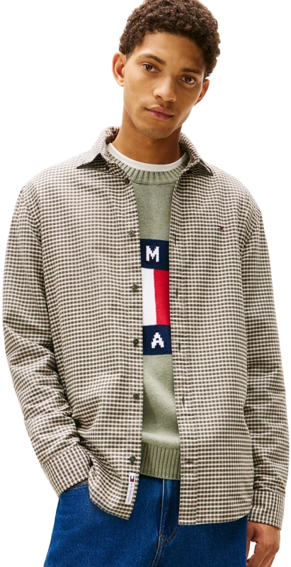 Tommy Jeans Men’s Oxford Check Shirt Jacket with Button Placket, Multicolor (Pewter Green Check), XL