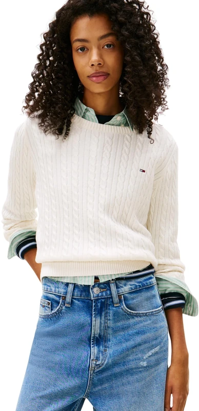 Tommy Jeans Women’s Essential Cable Knit Jumper, Off-White (Ancient White), L