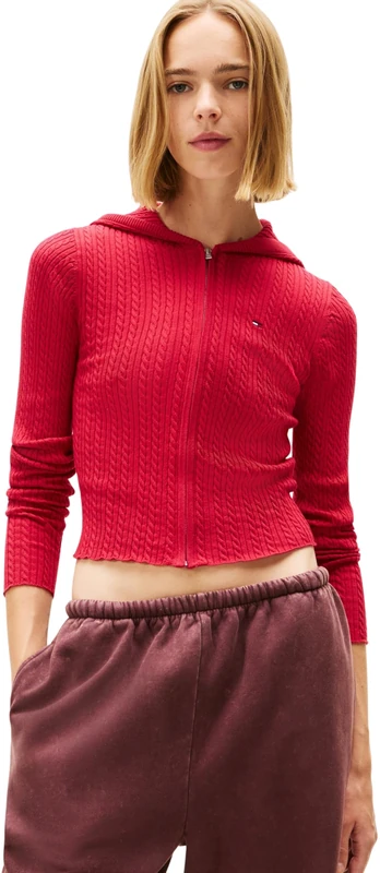 Tommy Jeans Women’s Essential Hoodie with Zip, Red (Ruby Rhubarb), L