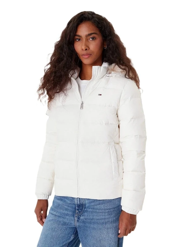 Tommy Jeans Women's Basic Hooded Down Puffer Jacket, White (Ecru), M