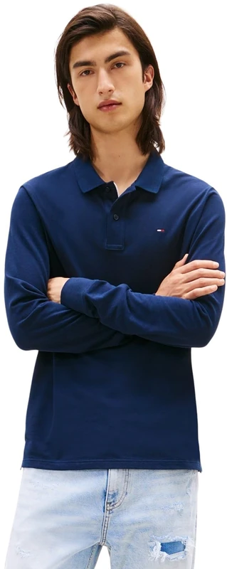Tommy Jeans Men's Long Sleeve Slim Placket Cotton Polo Shirt, Blue (Dark Night Navy), 3XL