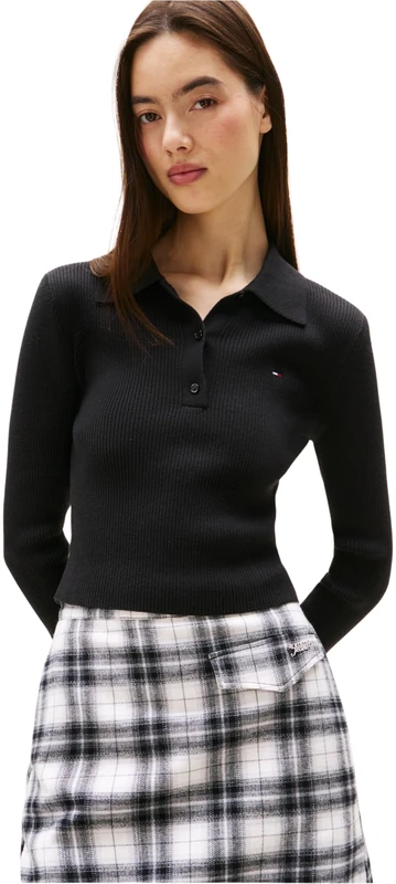 Tommy Jeans Women’s Essential Cropped Polo Jumper, Black (Black), XS - Image 1