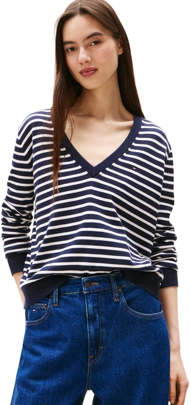 Tommy Jeans Women’s Essential V-Neck Jumper, Multicolor (Dark Night Navy/Stripe), XS