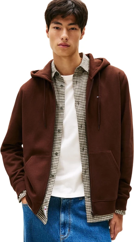 Tommy Jeans Men’s Flag Zip Through Hoodie, Brown (Rich Brown), XXL